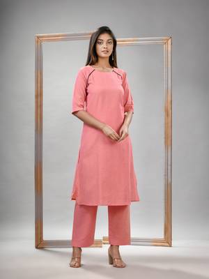 Peach pink cotton bengal handwoven kurta set 1