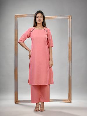Peach pink cotton bengal handwoven kurta set 2