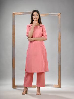Peach pink cotton bengal handwoven kurta set 3