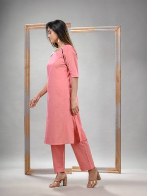 Peach pink cotton bengal handwoven kurta set 4