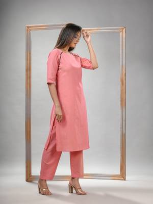 Peach pink cotton bengal handwoven kurta set 5