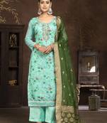 Blue colour ethnic printed with hand work girlish salwar kameez