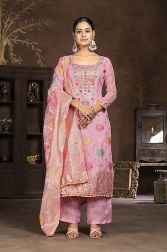 Pink colour woven designer salwar kameez for ethnic fancy looks
