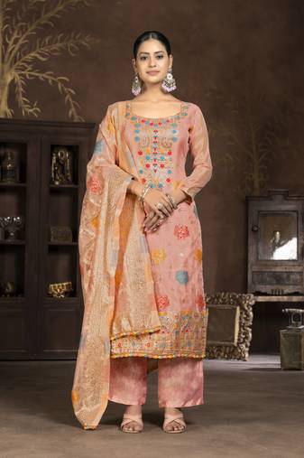 Peach colour woven designer salwar kameez for ethnic fancy looks