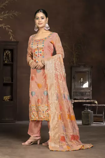 Peach colour woven salwar kameez for ethnic fancy looks