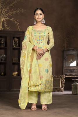 Yellow colour woven salwar kameez for ethnic fancy looks 1
