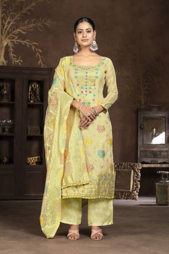 Yellow colour woven designer salwar kameez for ethnic fancy looks