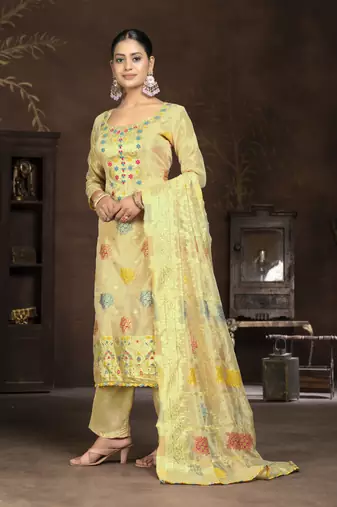 Yellow colour woven salwar kameez for ethnic fancy looks