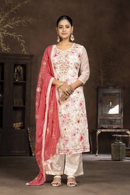 Cream coour ethnic salwar suit in modal butti fabric for looks 1