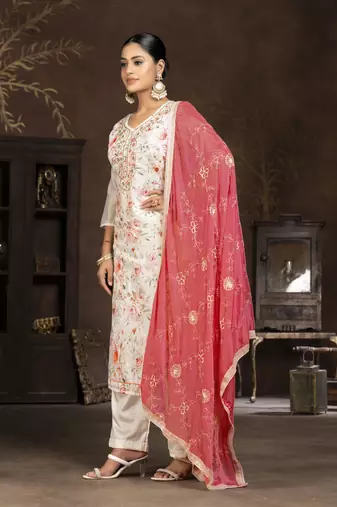 Cream coour ethnic salwar suit in modal butti fabric for looks