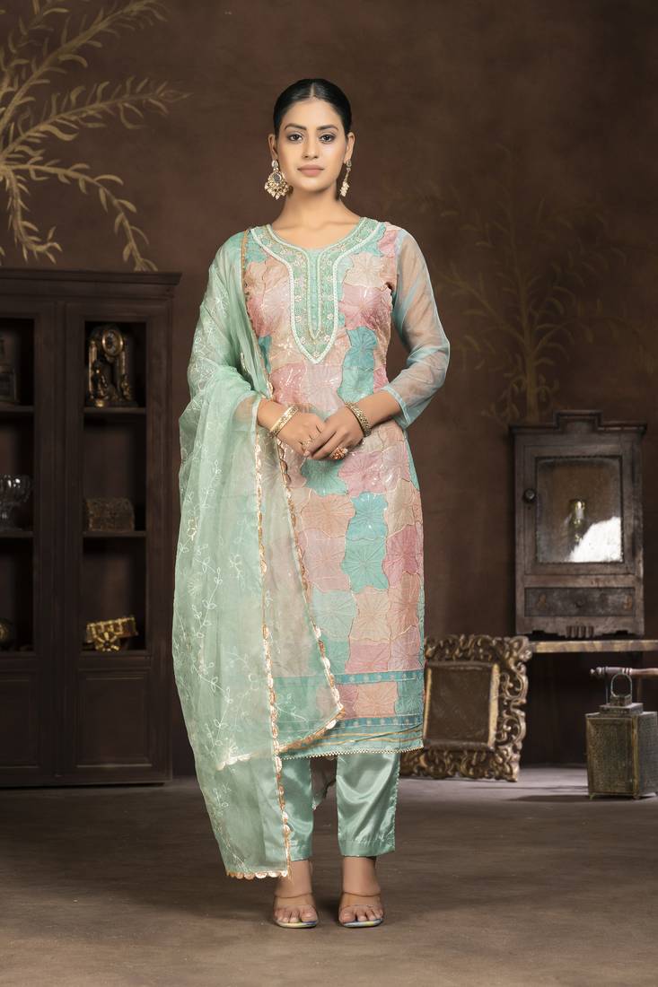 Blue coour ethnic salwar suit in organza fabric for designer looks