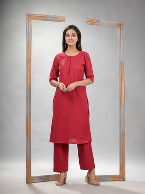 Red cotton bengal handwoven kurta set 1