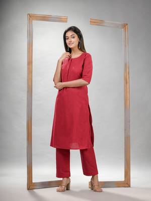 Red cotton bengal handwoven kurta set 2