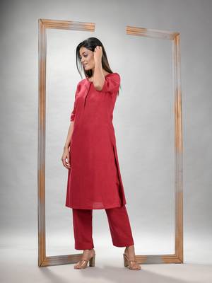 Red cotton bengal handwoven kurta set 3