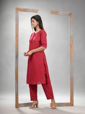 Red cotton bengal handwoven kurta set 4