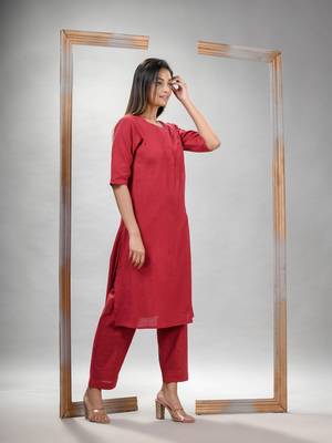 Red cotton bengal handwoven kurta set 5