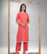 Peach pink cotton bengal handwoven kurta set
