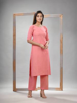 Peach cotton bengal handwoven kurta set 1