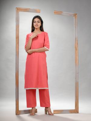Peach pink cotton bengal handwoven kurta set 2