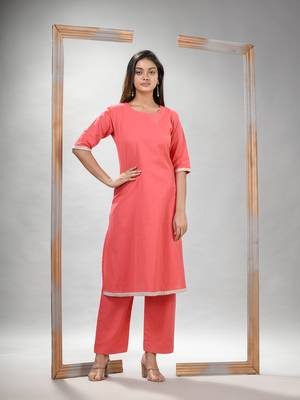 Peach pink cotton bengal handwoven kurta set 3