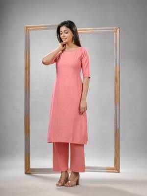 Peach cotton bengal handwoven kurta set 2