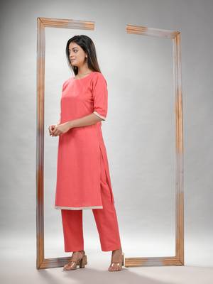 Peach pink cotton bengal handwoven kurta set 4