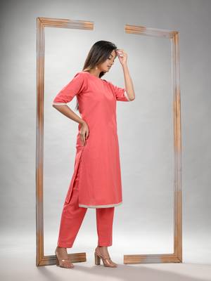Peach pink cotton bengal handwoven kurta set 5