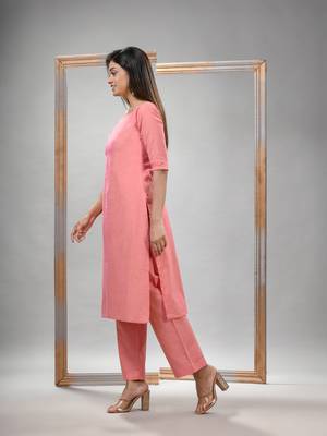 Peach cotton bengal handwoven kurta set 4