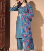 Ethnic blue colour embroidered cotton salwar kameez with floral print dupatta