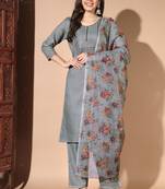 Ethnic grey colour embroidered cotton salwar kameez with floral print dupatta