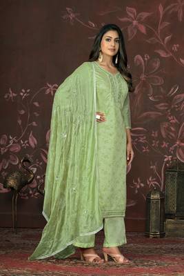 Green colour ethnic dress material for festive indian looks 3