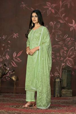 Green colour ethnic dress material for festive indian looks 4