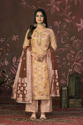 Peach colour ethnic dress material for festive indian looks