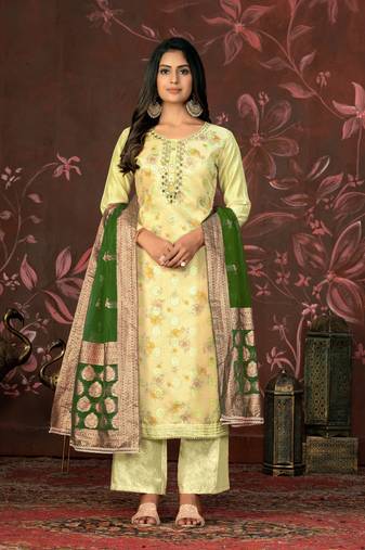 Yellow colour ethnic dress material for festive indian looks