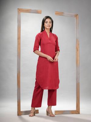 Red cotton bengal handwoven kurta set 1