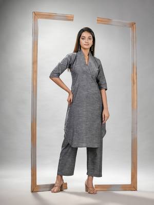 Grey cotton bengal handwoven kurta set 1