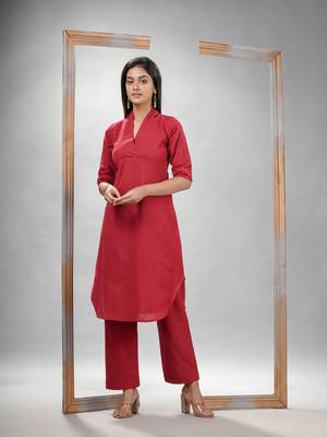 Red cotton bengal handwoven kurta set 2