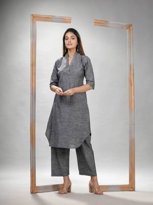 Grey cotton bengal handwoven kurta set 2