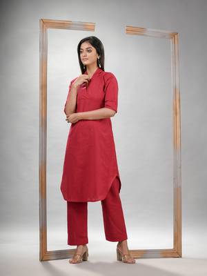 Red cotton bengal handwoven kurta set 3