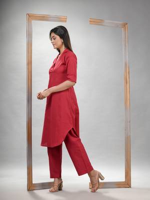Red cotton bengal handwoven kurta set 4