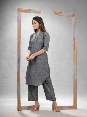 Grey cotton bengal handwoven kurta set 4