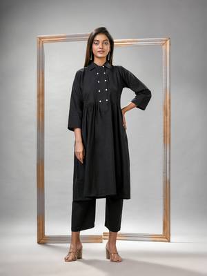Black cotton bengal handwoven kurta set 1