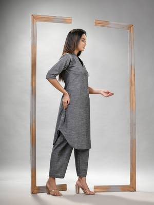Grey cotton bengal handwoven kurta set 5