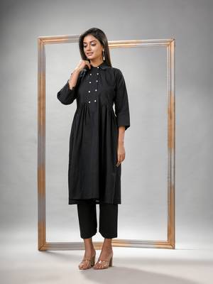 Black cotton bengal handwoven kurta set 2