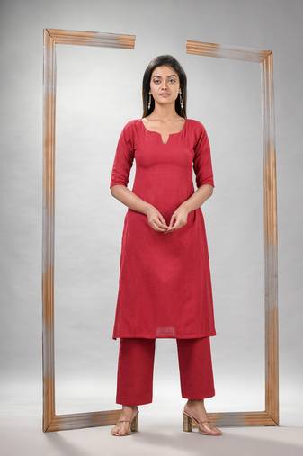 Red cotton bengal handwoven kurta set