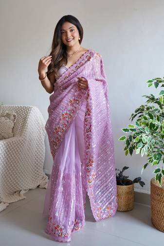 Thread And Multiple Sequins Embroidered Georgette Designer Saree