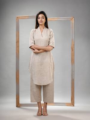 Silk grey cotton bengal handwoven kurta set 3