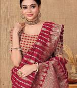 RED WOVEN BANARASI SILKHEAVY RICH DESIGNER PALLU SAREE BLOUSE PIECE