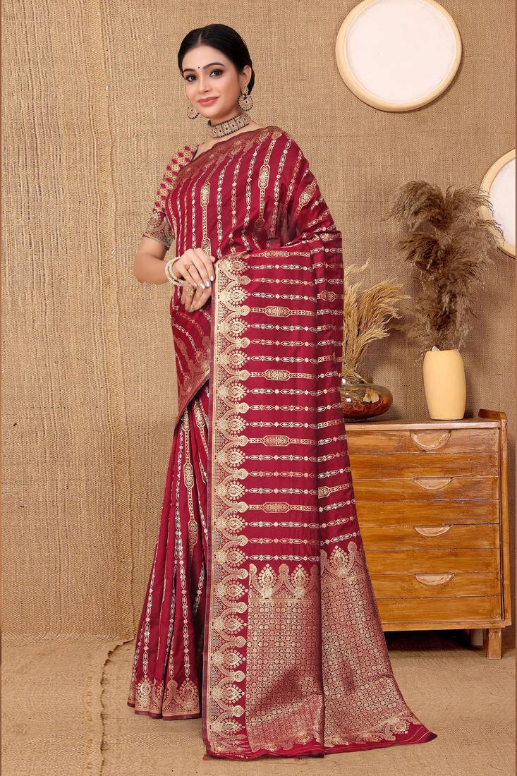 RED WOVEN BANARASI SILKHEAVY RICH DESIGNER PALLU SAREE BLOUSE PIECE
