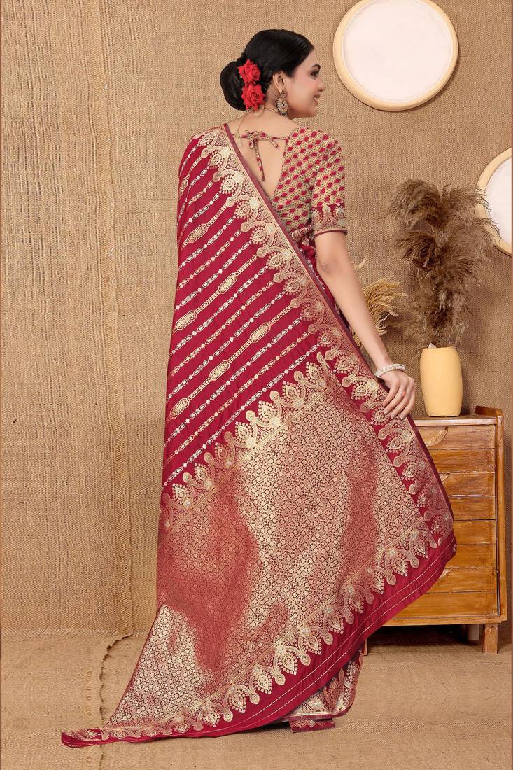 RED WOVEN BANARASI SILKHEAVY RICH DESIGNER PALLU SAREE BLOUSE PIECE